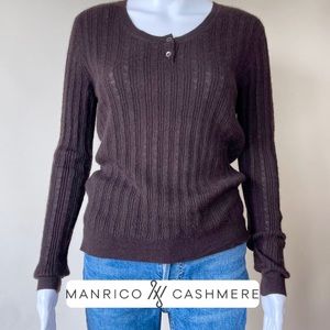 MANRICO CASHMERE SILK CREW NECK SWEATER BUTTON BROWN CABLE KNIT